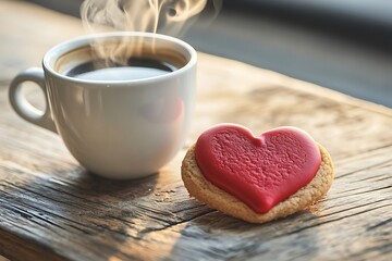 Wall Mural - Detailed image of a red heart shaped cookie beside a steaming espresso cup, captured on a wooden caf?(C) table.