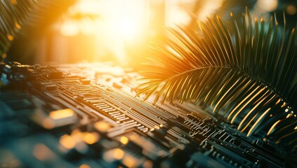 Wall Mural - Tropical palm leaf on futuristic circuit board, sunlit.