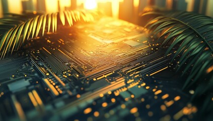 Poster - Futuristic circuit board in tropical setting at sunset.