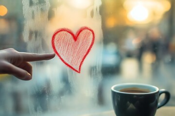 Wall Mural - Detailed image of a red heart drawn with a finger on a foggy caf?(C) window, with a blurred coffee cup in the foreground.