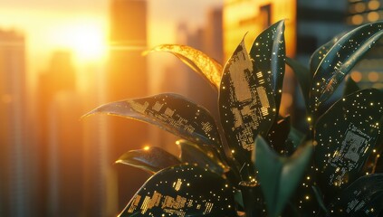 Poster - Sunset cityscape backdrop with plant leaves embedded with microchips.