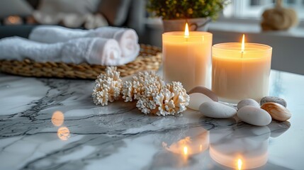 Wall Mural - Candles and small white flowers arranged on a marble surface, creating a calm and soothing ambiance.