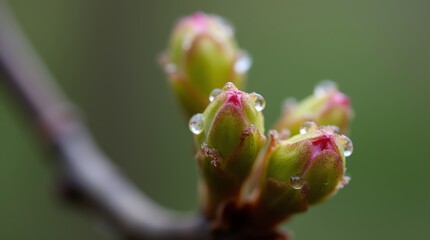 Wall Mural - close-up of fresh tree buds with dew drops glistening on their surfaces