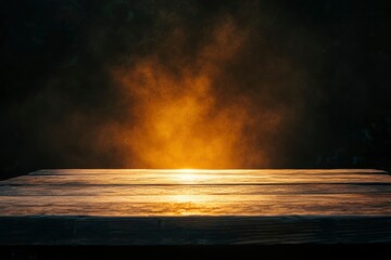 Wall Mural - Good Friday Concept: Wooden table with spiritual light from the mountain sunrise texture background 