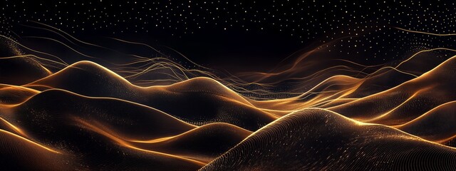 Canvas Print - Golden abstract landscape with glowing hills under a starry night sky.