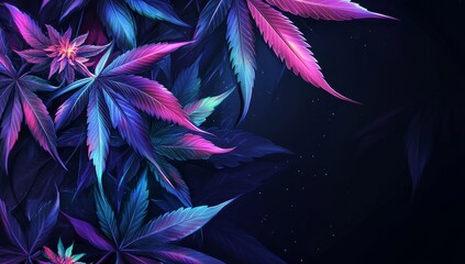 Wall Mural - vibrant neon pink and blue cannabis leaves on dark background. (1)