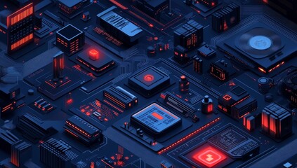 Poster - Isometric cyberpunk city circuit board.