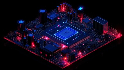 Poster - Isometric view of illuminated computer motherboard with CPU.