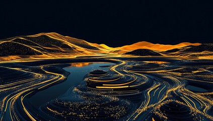 Wall Mural - glowing lines form abstract landscape at night.