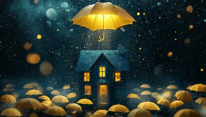 Wall Mural - illuminated house protected by umbrella in rain.