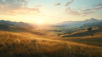 Sticker - Golden hour sunset over rolling hills and valleys.