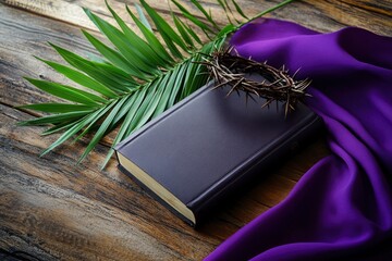 Wall Mural - Holy Bible with palm leaf, crown of thorns and purple fabric on wooden background. Good Friday concept 