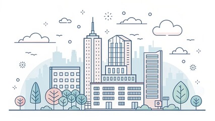 Wall Mural - cute office building with city scape, doodle art illustration background