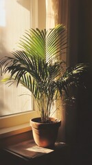 Wall Mural - a potted dwarf date palm by the window in minimalist style of indoor plants