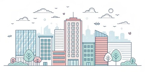 Wall Mural - cute office building with city scape, doodle art illustration background