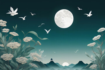Wall Mural - A peaceful winter night with the moon and stars over the sea, casting a soft light on the water and silhouette of a tree