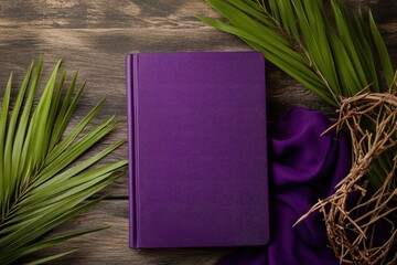 Wall Mural - Holy Bible with palm leaf, crown of thorns and purple fabric on wooden background. Good Friday concept 