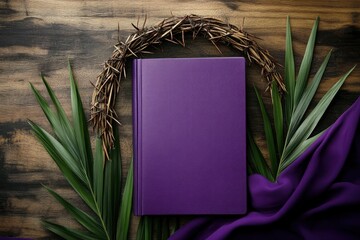 Wall Mural - Holy Bible with palm leaf, crown of thorns and purple fabric on wooden background. Good Friday concept 