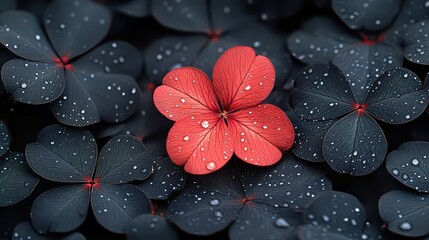 Wall Mural - Red flower among dark green leaves with water drops.