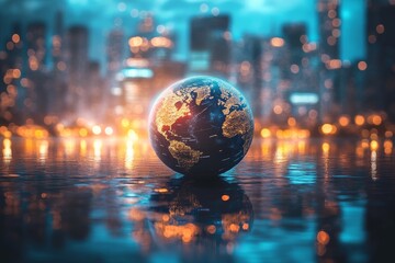 Poster - Global city, night, reflection, earth, futuristic.