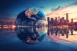 © adri - City skyline reflected in water with Earth globe.