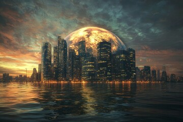 Wall Mural - futuristic city skyline at sunset with a giant planet in the sky.