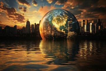 Wall Mural - sunset cityscape with earth globe reflection in water.