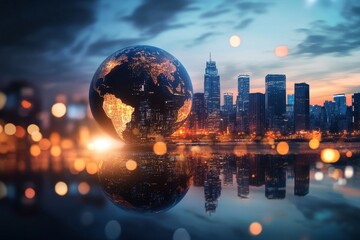 Wall Mural - Night city skyline reflected in water with illuminated Earth globe.