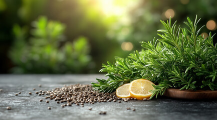 A background of rosemary and lemon with scattered black pepper on the table, a blurred green natural setting in the background 