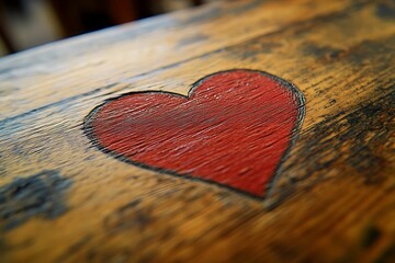 Macro shot of a red heart etched into the surface of a vintage caf?(C) table, capturing the grain of the wood and the vibrant color contrast.