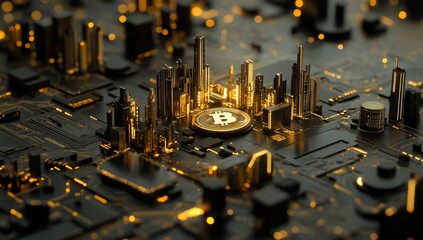 Poster - Golden Bitcoin city on circuit board.