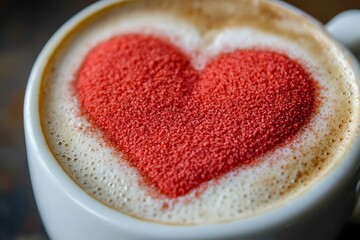 Wall Mural - Macro view of a red heart symbol made from red cinnamon sprinkles on a cappuccino, symbolizing spicy love.