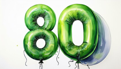 Green birthday / anniversary party balloon, number 80, watercolor painting with white background