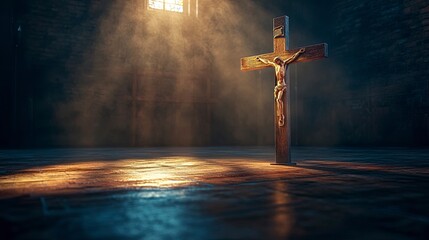 Wall Mural - Scene of the wooden cross with metal Jesus Christ with light and shadow stand on the church floor, good friday, easter, with blank copy space