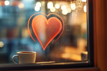 Wall Mural - Vibrant red heart drawn in the condensation of a coffee shop window, with a blurred coffee cup in the foreground.