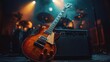 © Vadym - Electric guitar, amplifier on stage. Music instrument ready for performance. Live concert recording session. Possible pop rock band on stage. Stage lighting, background music instruments hints