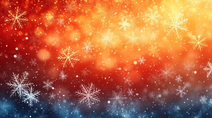 Wall Mural - A mesmerizing digital artwork showcasing vibrant snowflakes against a gradient of warm red to cool blue hues creating a magical wintery scene