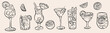 © Nastya - Cocktails alcoholic martini, aperol spritz in ink doodle style. Hand drawn collection of drink. Italian style wedding dinner icons.
