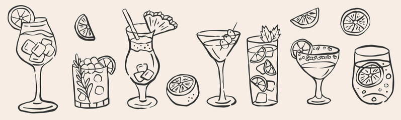 Cocktails alcoholic martini, aperol spritz in ink doodle style. Hand drawn collection of drink. Italian style wedding dinner icons.