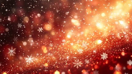 Wall Mural - Winter Magic: A Sparkling Dance of Snowflakes and Golden Lights on a Crimson Background