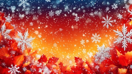 Wall Mural - A captivating blend of autumnal leaves and winter snowflakes against a gradient sky creating a magical seasonal atmosphere