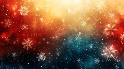 Wall Mural - Festive Winter Background with Sparkling Snowflakes on a Gradient of Red Gold and Blue Hues, Creating a Magical Holiday Atmosphere