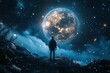 © alphaspirit - Man watching huge planet earth from a rocky mountain at night time