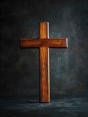 Poster - Wooden cross standing on black background. Christian religious holidays. Symbol of faith in God, Christian Feast, Easter, Good Friday, Palm Sunday. Religious Christian concept 