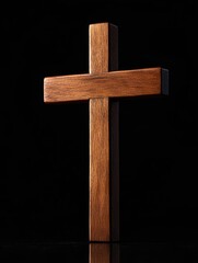 Sticker - Wooden cross standing on black background. Christian religious holidays. Symbol of faith in God, Christian Feast, Easter, Good Friday, Palm Sunday. Religious Christian concept 