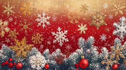 Wall Mural - Festive winter scene with falling snowflakes and decorated evergreen branches against a red backdrop, creating a Christmas and holiday atmosphere