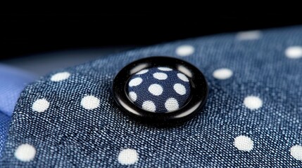 Wall Mural - A close up of a button on a blue shirt with white polka dots