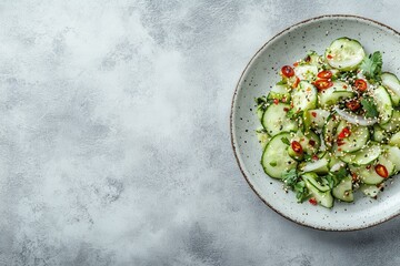 Canvas Print - Korean spicy cucumber salad with onion chili flakes and sesame seeds on a gray concrete surface Top view