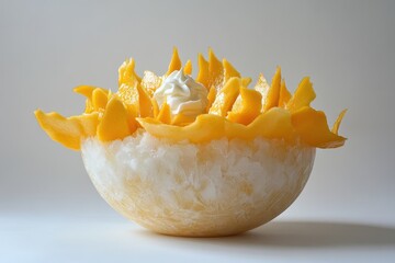 Mango Bingsu a popular Korean dessert featuring milk shaved ice fresh mango whipped cream and mango ice cream