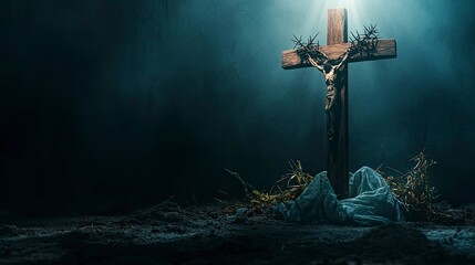 Canvas Print - Wooden cross with crown of thorns and shroud on dark background. Good Friday concept 